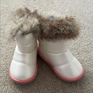 White and Pink Fur-Trimmed Boots